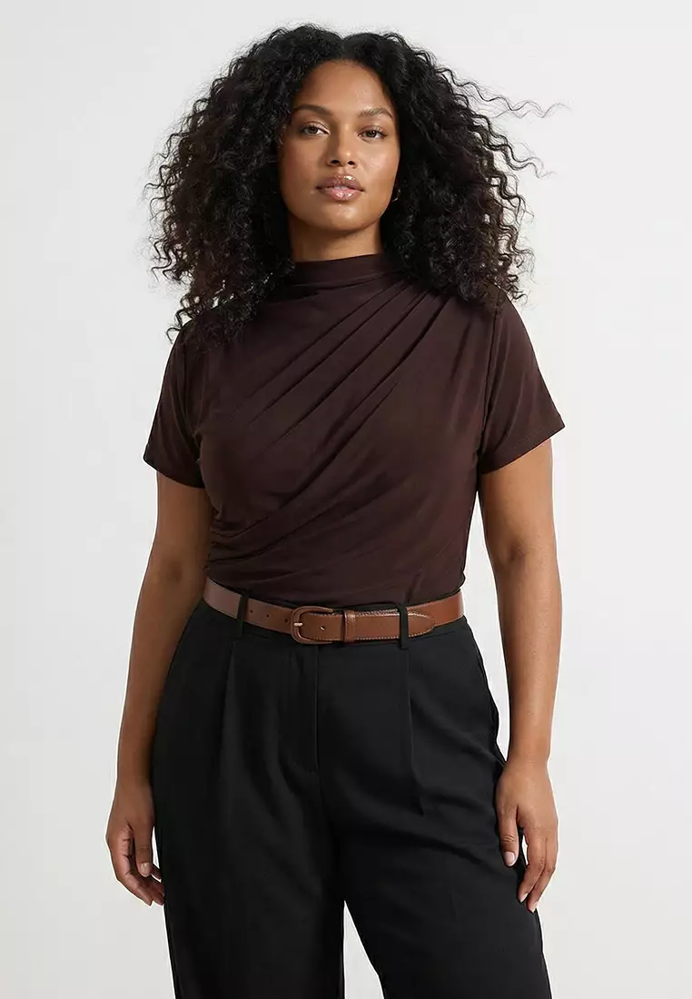 Brown Mock Neck Shirred Sandy Knitted Plus Size Blouse Tbbaw26Af00053