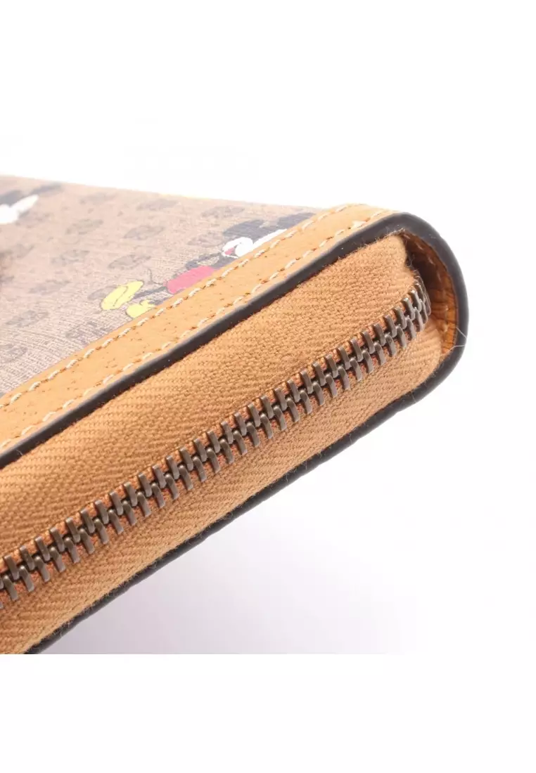 Pre-Loved Gucci GUCCI × Disney Mickey Mouse Mini GG Supreme round zipper long wallet PVC leather beige light brown multicolor