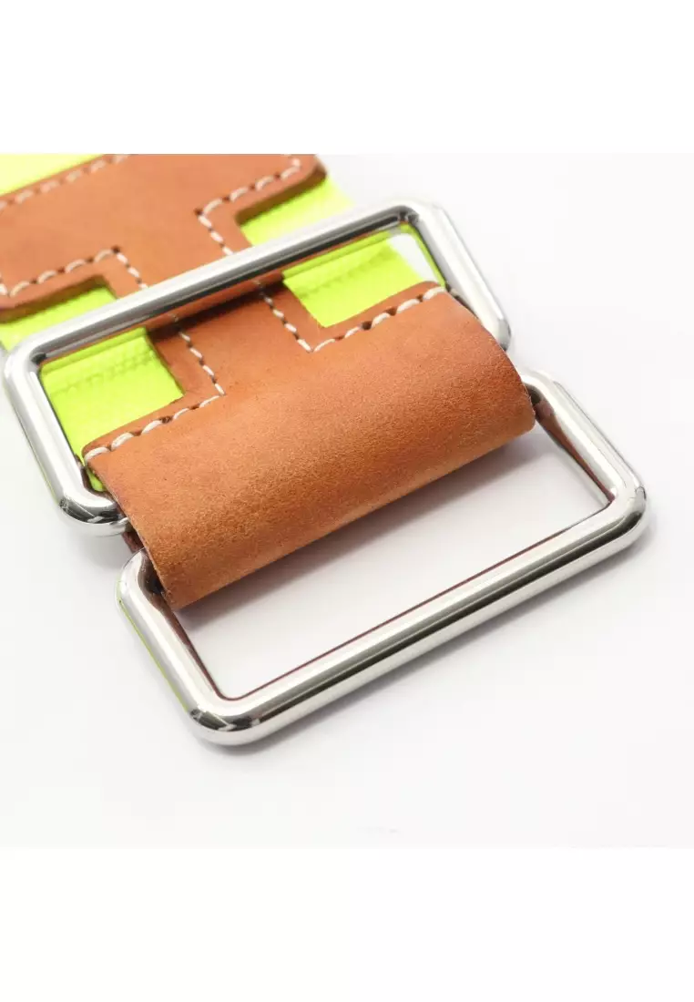 Pre-Loved Hermès Nomad 40 belt canvas leather yellow-green Brown silver hardware Neon color Z stamp