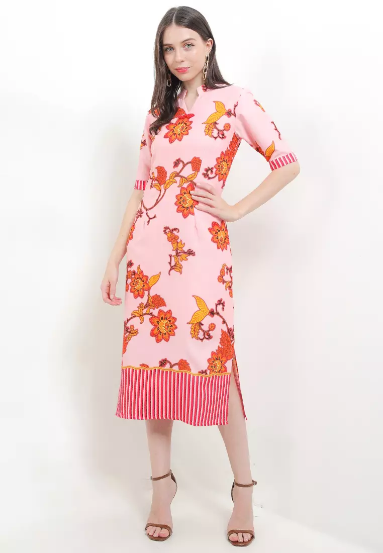 Dress Batik Wanita Furing Kombinasi Lian Pink Merah Red Tanpa Lengan Imlek Cheongsam Bodyfit