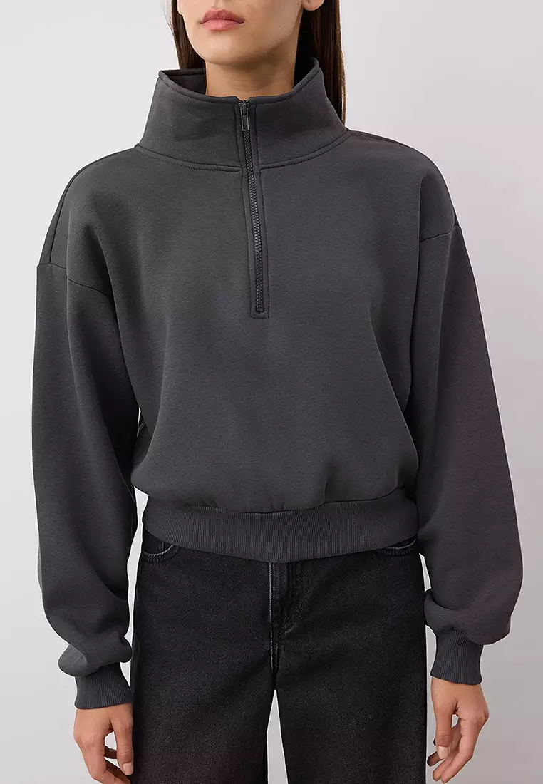 Anthracite Relaxed Cut Crop Zippered Stand Collar Thick Polar Fleece Knitted Sweatshirt
