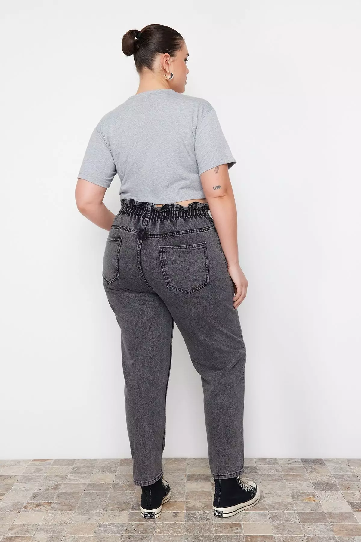 Gray High Waist Elastic Waist Mom Jeans TBBAW23JE00002