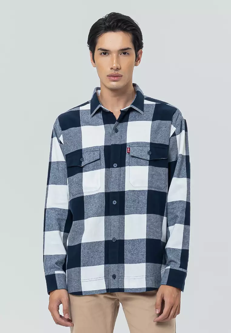 Jual Edwin Jeans BASTIEN NAVY WHITE Kemeja Flanel Casual Pria
