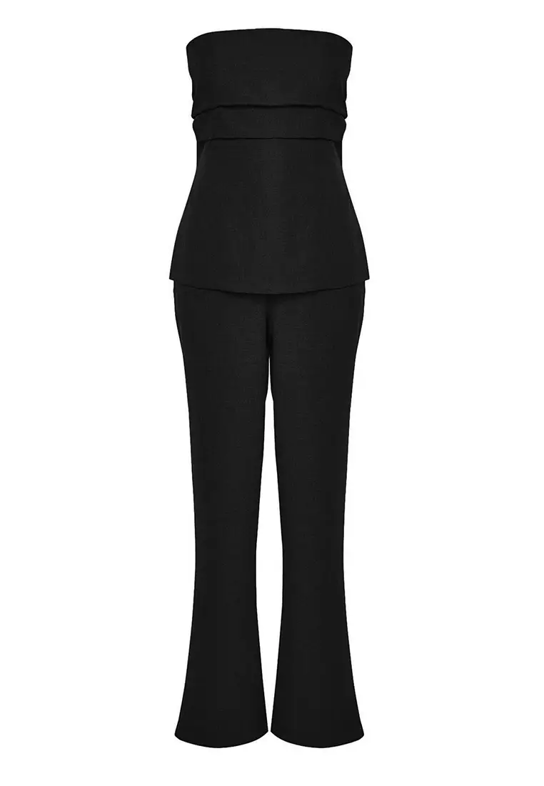 Black Linen Look Strapless Blouse And Pants Bottom Top Set