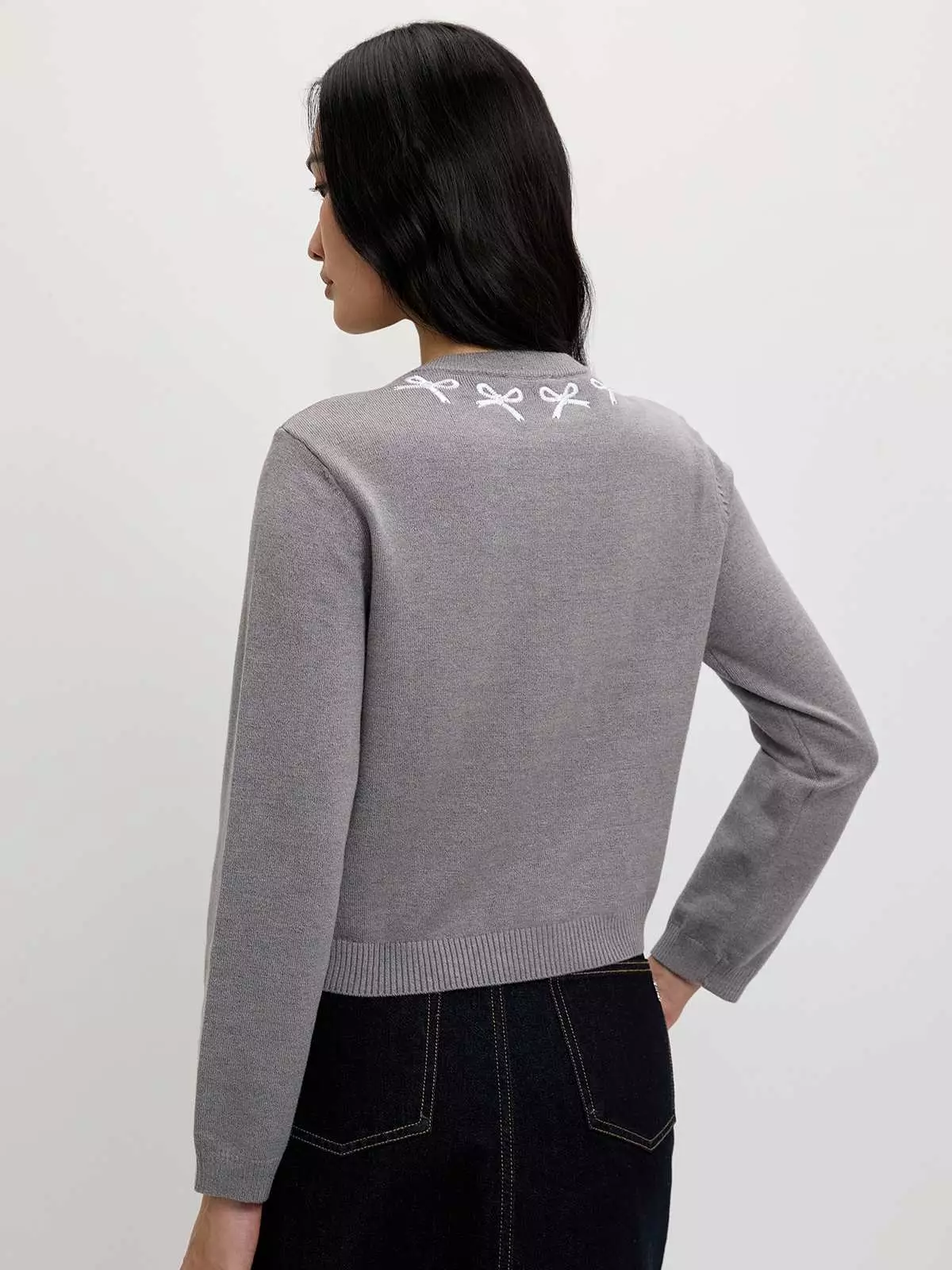Pomelo - Cardigan Wanita - Embroidered Bow Cardigan - Light Grey
