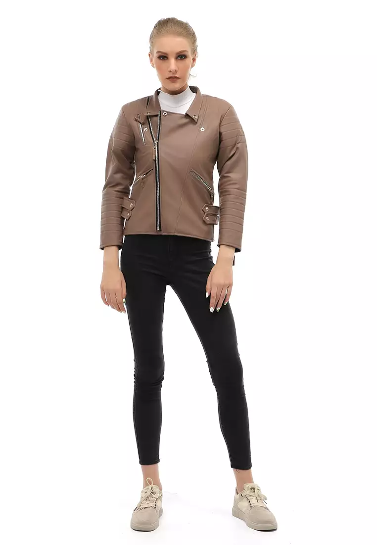Glenice Jacket Outer Wanita Lengan Panjang Windproof Zipper Pocket Material Leather ORIGINAL - Mocca
