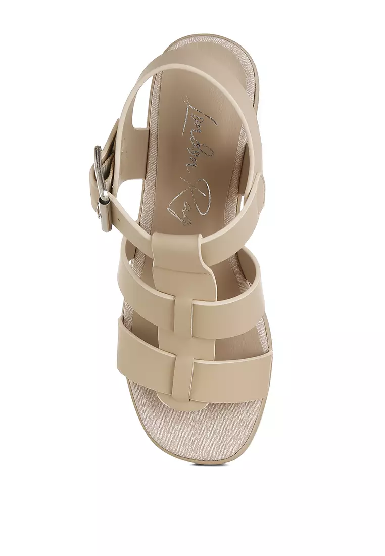 Chunky Pin Buckle Platform Heels in Beige