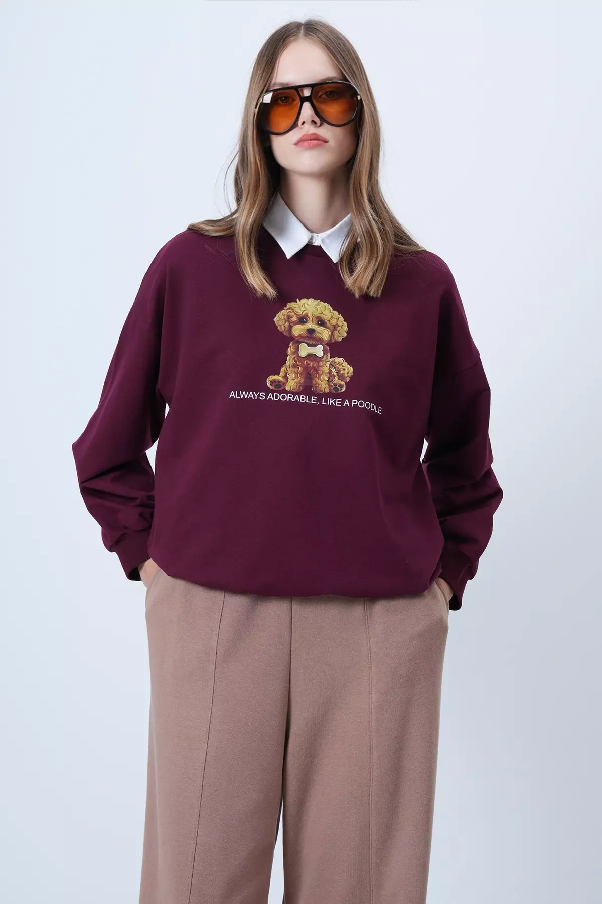 Women'S Burgundy Front Printed Oversize Cotton Sweatshirt Alc-X14651