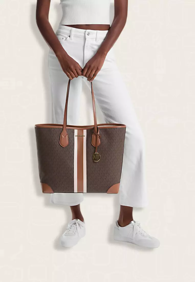 Michael Kors Eva Large Signature Logo Stripe Tote Bag Brown