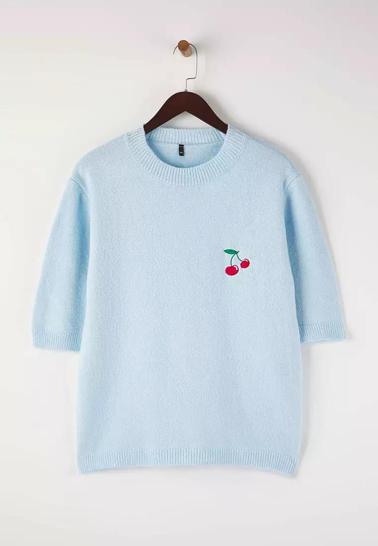 Cherry Embroidered Thin Knit Sweater