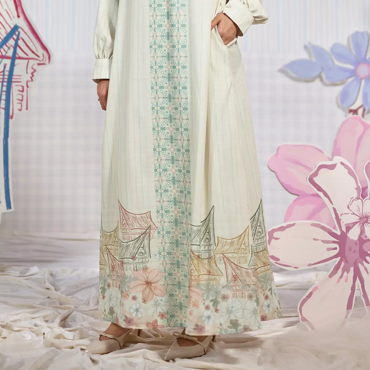 [Raya Collection] ZM Zaskia Mecca - Bayani Gamis Wanita Cream - Jejak Teduh Huta - Koleksi Ramadhan Series