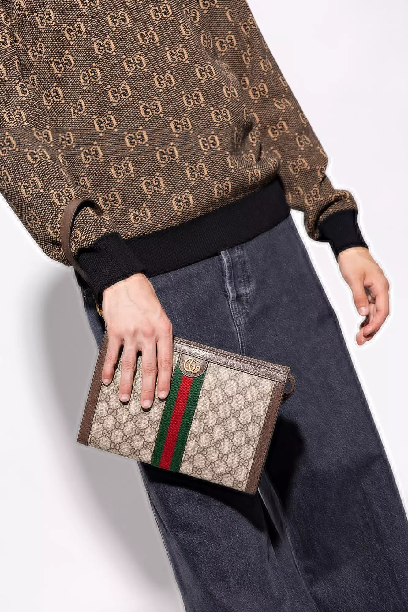 GUCCI Ophidia GG Supreme Pouch in Beige/Ebony Canvas with Detachable Wrist Strap 