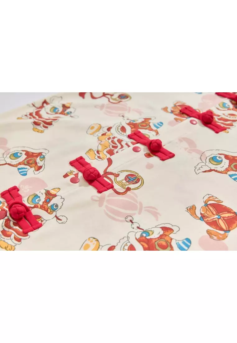 現貨 新加坡農曆新年白色醒獅主題嬰幼兒男孩唐裝上衣配短褲套裝