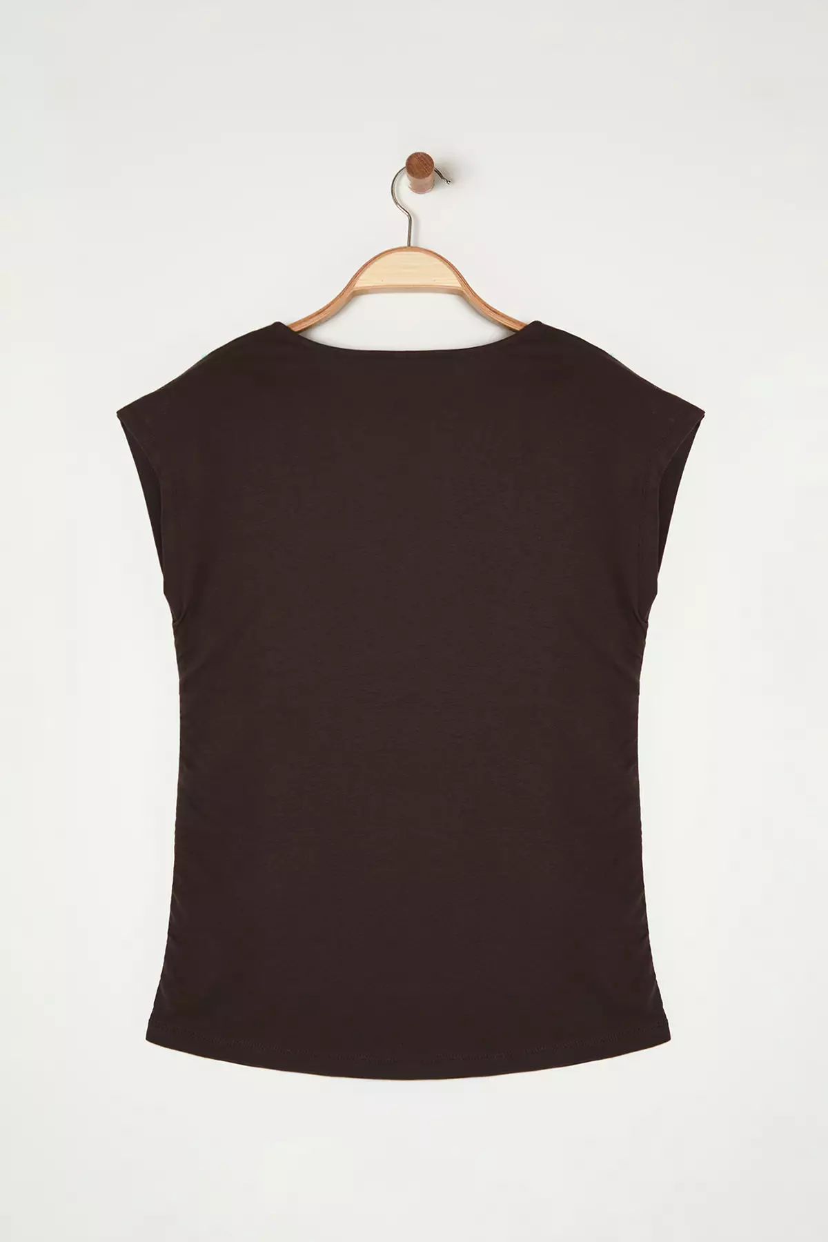 Brown Soft Fabric Asymmetrical Collar 100% Cotton Knitted Plus Size Blouse Tbbss25Af00002