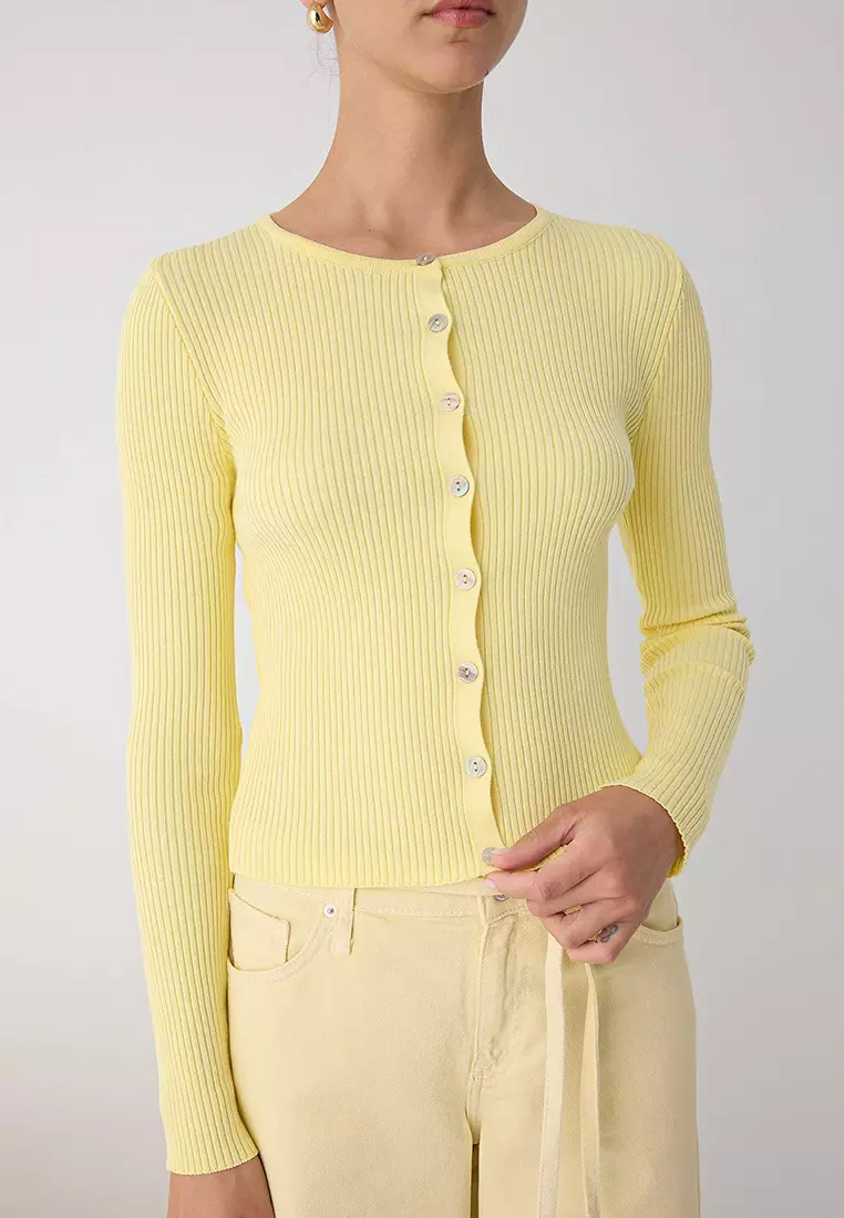 Yellow Mercerized Look Ribbed Knitwear Cardigan