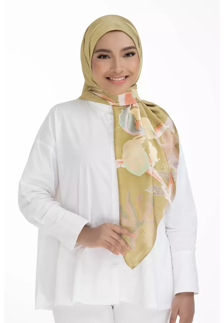 Buy Jovian Jovian Hijab | Pop Raya Printed Square Shawl Satin in Olive ...