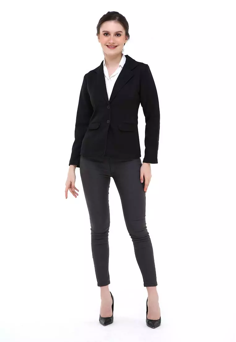 Qemsya Jas Blazer Wanita Korean Style Formal Longsleeve Suit Material Polyester ORIGINAL - Black