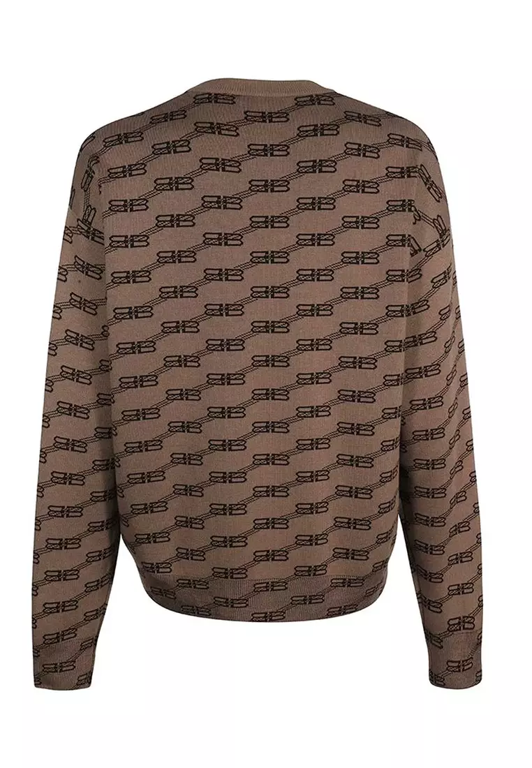 Brown Monogram Print Long Sleeved Zip Turtleneck Top