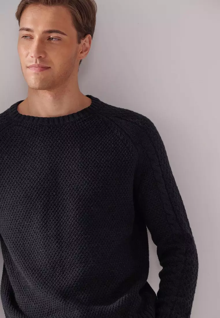 Grey Cable-Knit Crew Neck Sweater