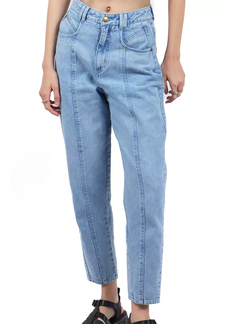 JUST G High Waisted Balloon Fit Denim Jeans with Cut and Sew Detail