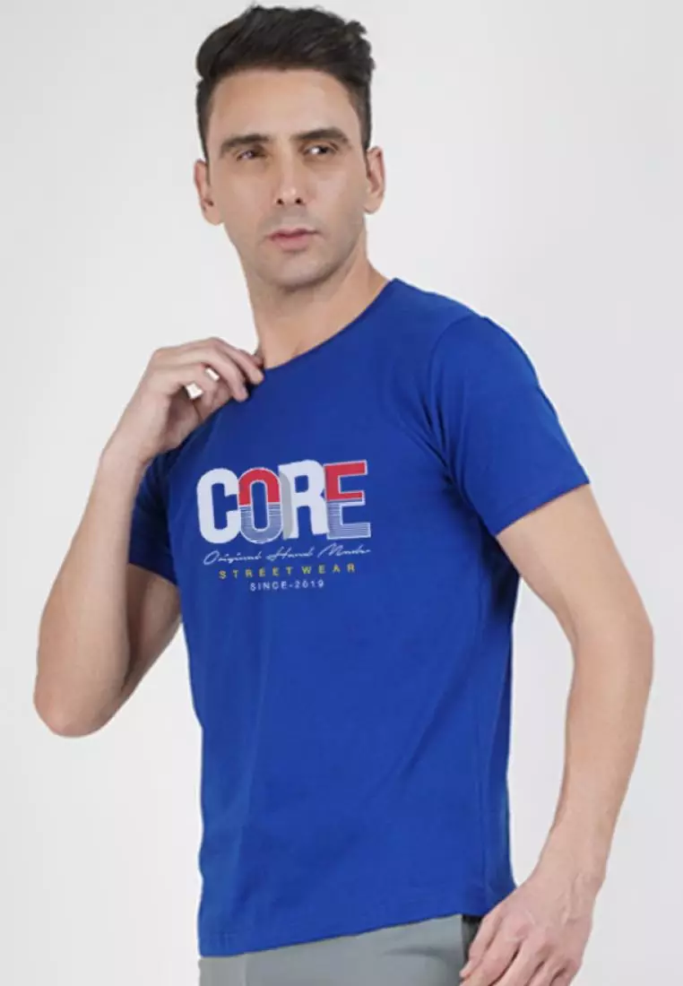 Core Graphic 宝蓝色棉质短袖圆领休闲 T 恤