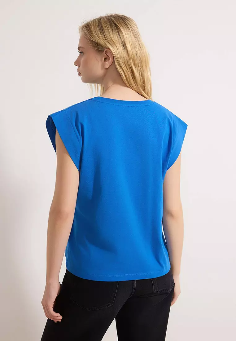 Cobalt 1% Cotton Shoulder Pad Look Basic Crew Neck Knitted T-Shirt Twoss2Ts21
