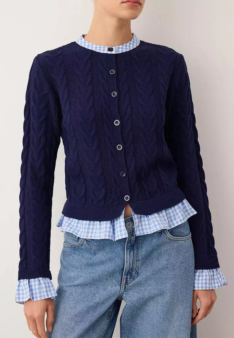Navy Blue Plaid Garni Collar Detailed Knitwear Cardigan Twoaw26Hi259