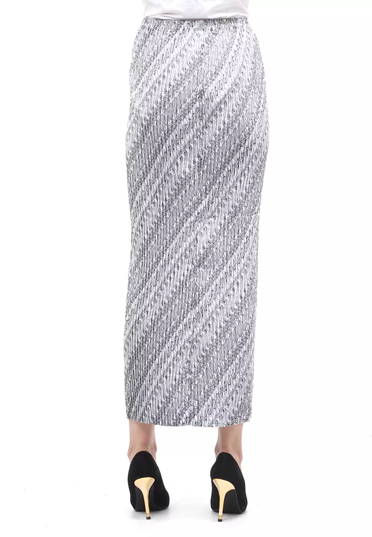 Rok Plisket Motif Batik Bawahan Wanita Design Casual - Parang Celeret Putih