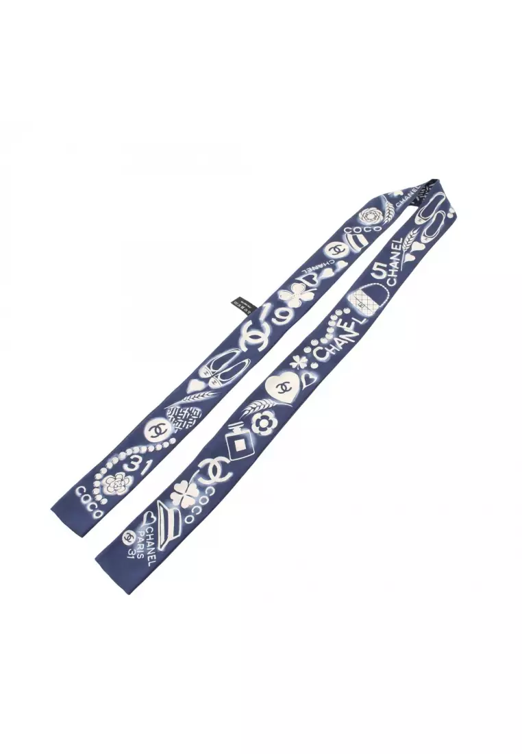 Chanel Pre-Loved Chanel icon ribbon scarf silk Navy off white 2026