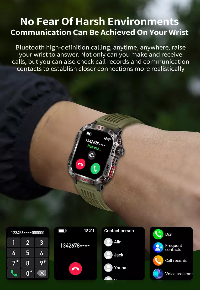 Smart Watch HT29 2.01 HD Large Screen Flashlight Compass function Health Monitoring Jam Pintar Khaki