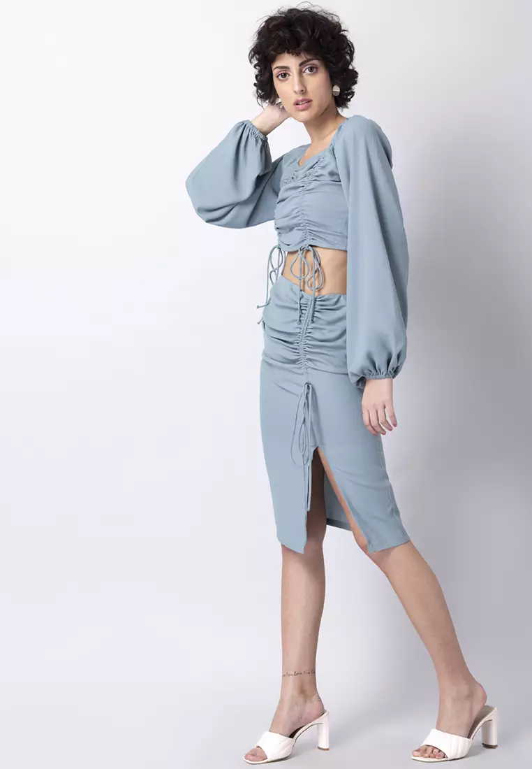 Blue Ruched Crop Top and Slit Skirt Co-ord Set