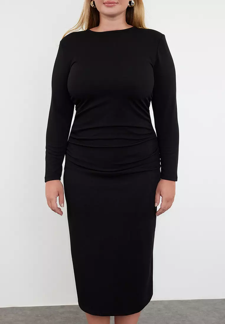 Plus Size Black Shift Dress - Gather Detailed