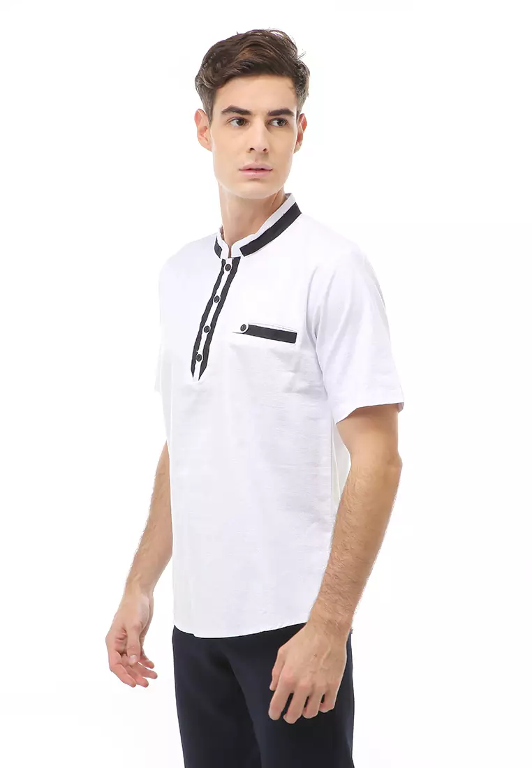 Dwan Atasan Formal Pria Kemeja Koko Motif List Kancing Short Sleeve Material Cotton ORIGINAL - White