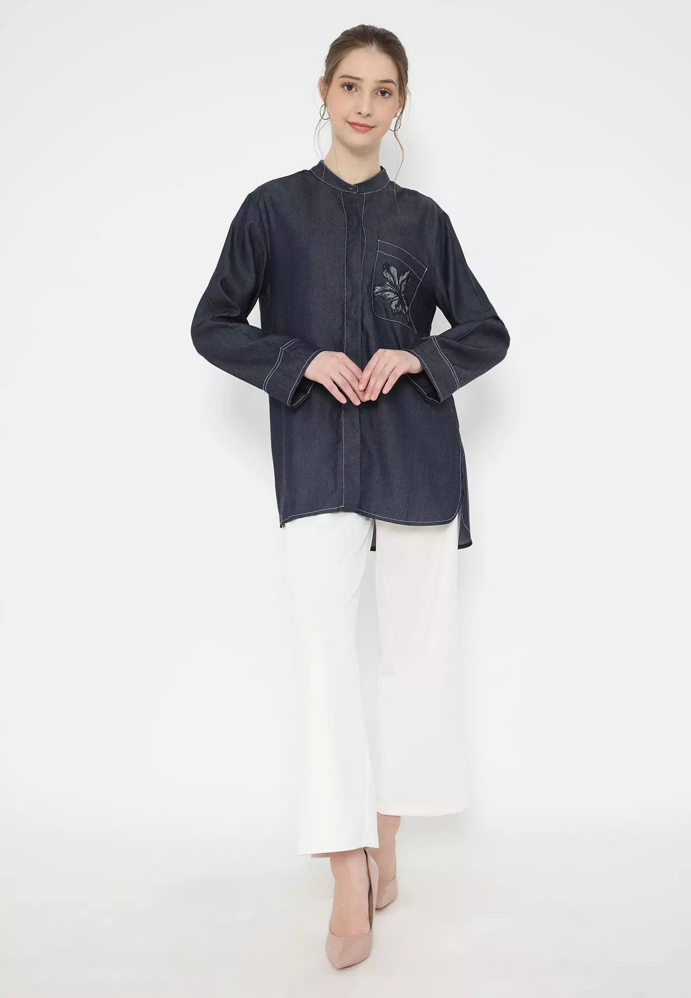 Tunic Tencel Soft Denim With Embroidery In Pocket By Brilliant Girl Warna NAVY