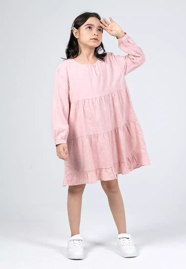 Forest Kids Girls Cotton Jacquard Long Sleeve Tiered Dress with Cotton Lining - FK885072-59LotusPink