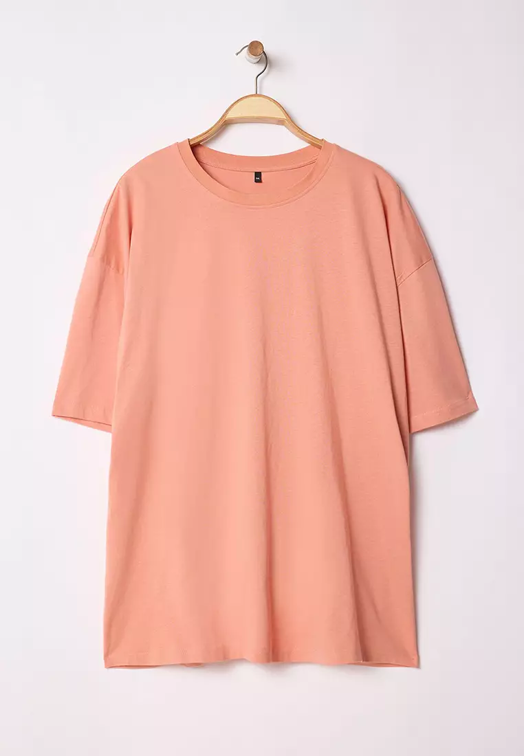 Plus Size Orange Oversize/Wide Cut 100% Cotton T-Shirt TMNSS23TS00139