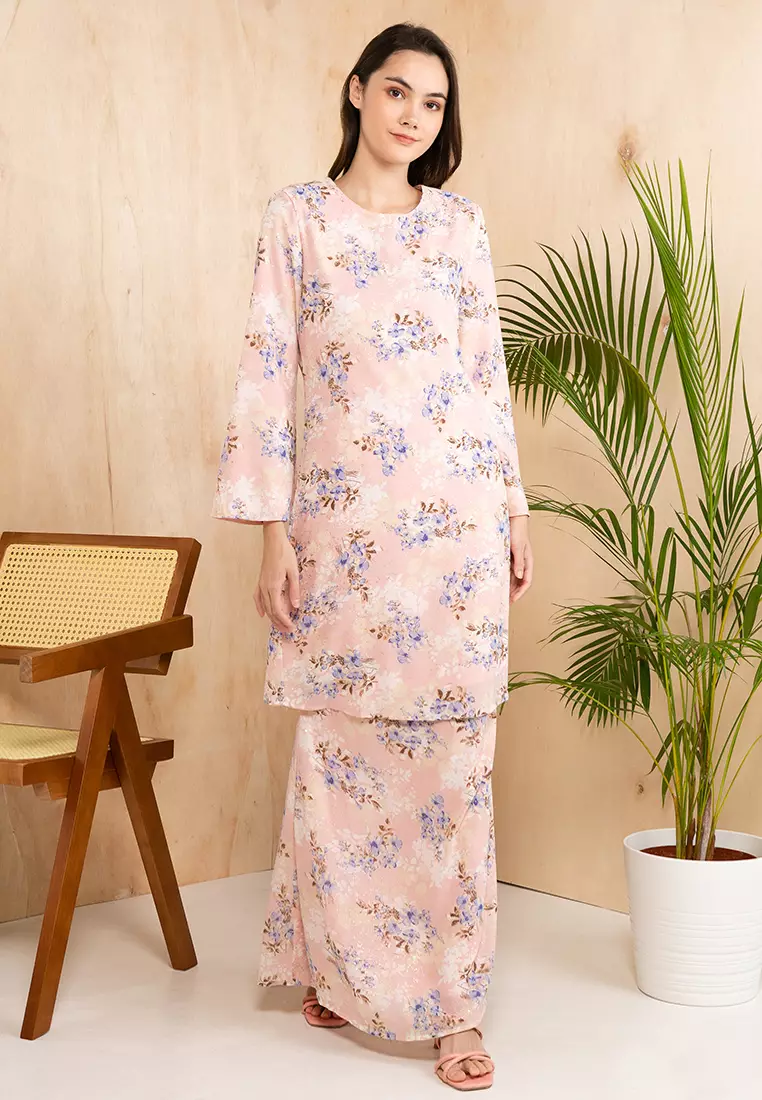 Grand Gold Foiled Floral Baju Kurung Moden Chiffon in Pink