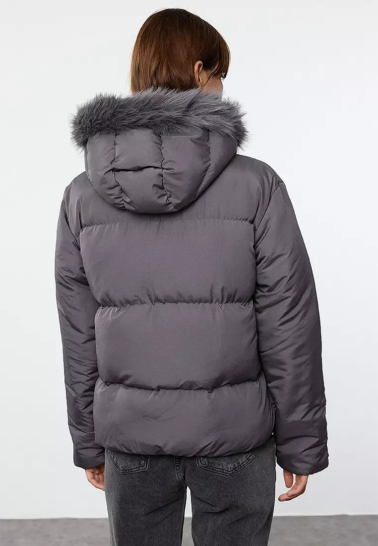 Women's Puffer Grey Coat With Belt And Fur Hood Wantdo Womens