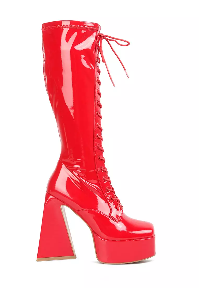 Red patent leather knee high clearance boots