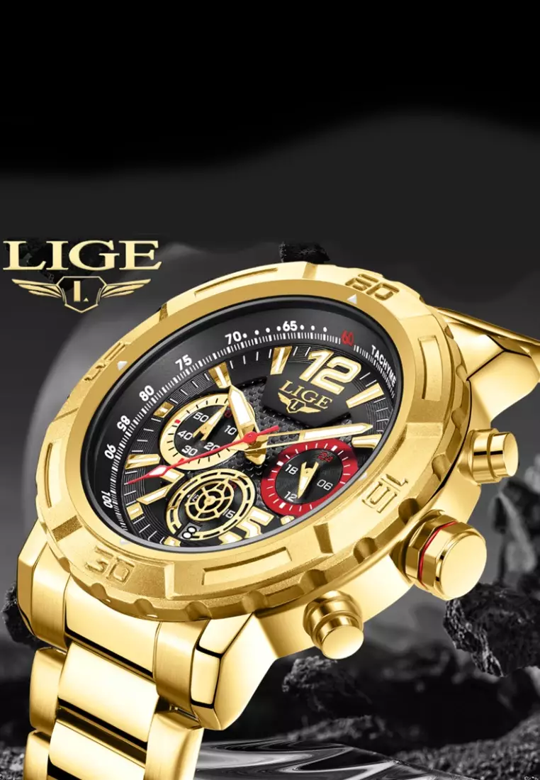 Chronograph Unisex IP Gold Stainless Steel Quartz Watch, IP Black Bezel, Metal Bracelet