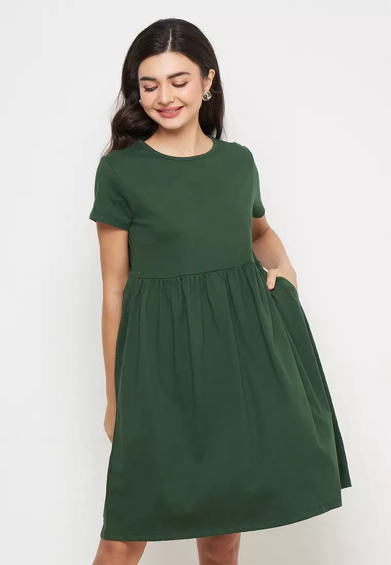 Jual SRITEX IRO BASIC Baby Doll Midi Dress Olive Original 2024
