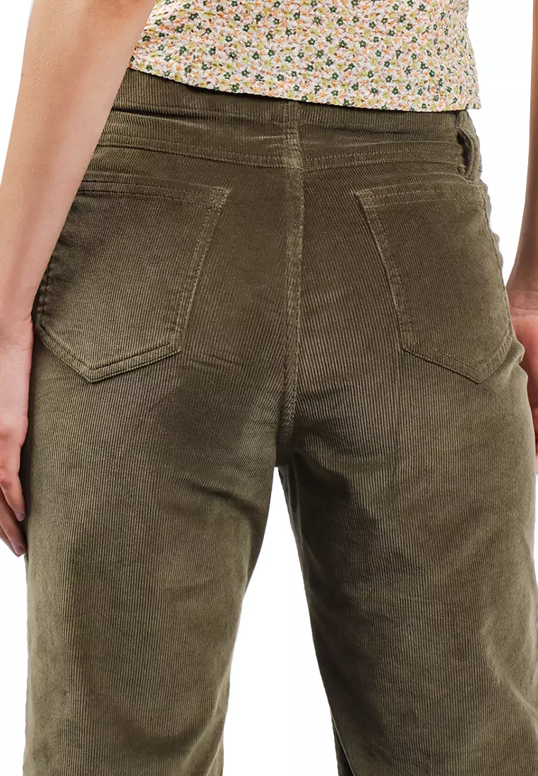Corduroy Straight Leg Pants With Front Yoke And Raw Hem