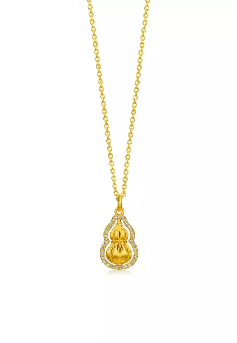 999.9 24K Pure Gold Cultural Blessings Diamond Gourd Necklace for Women 47cm 96408N