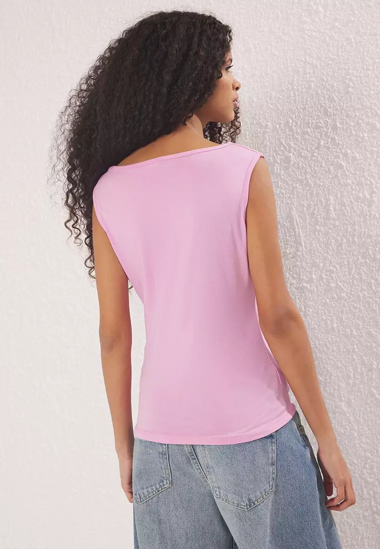 Pink Square Collar Zero Sleeve Cotton Flexible Fitted Knitted Undershirt Twoss24Al00013