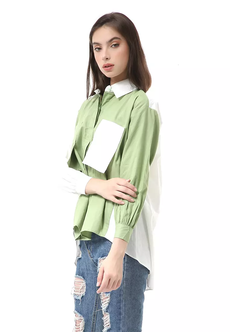 Brielle Atasan Wanita Kemeja Lengan Panjang Model Dua Warna Shirt Two Tone Material Cotton ORIGINAL - Mint White
