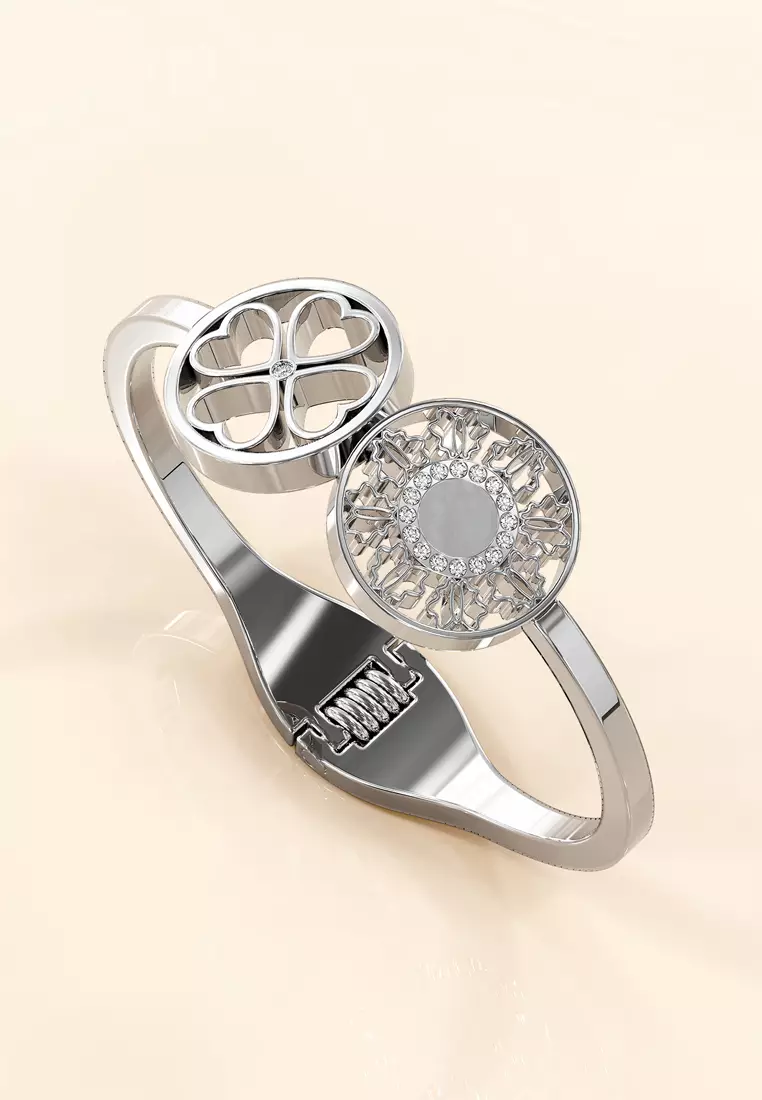 Artistic Floral Hinged Bangle-White Gold/Clear