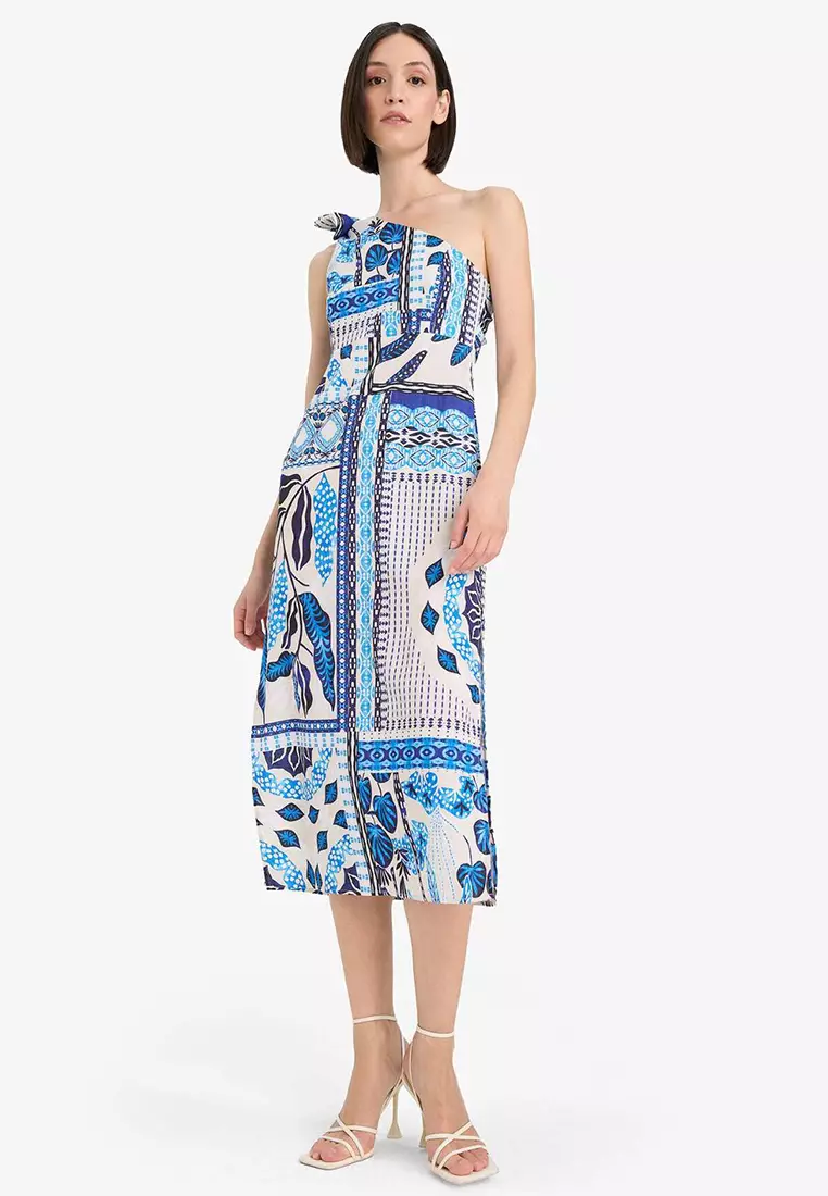 Tropical Print One Shoulder Poplin Dress