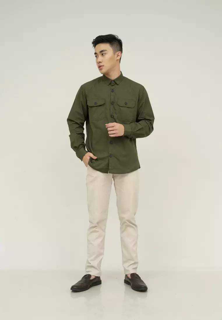Houseofcuff Kemeja Lengan Panjang Double Pocket Army