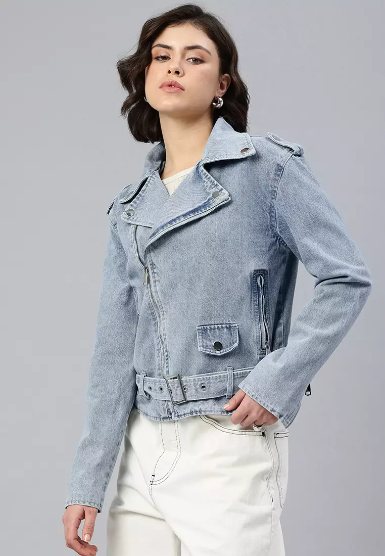 Light Wash Biker Jacket In Blue