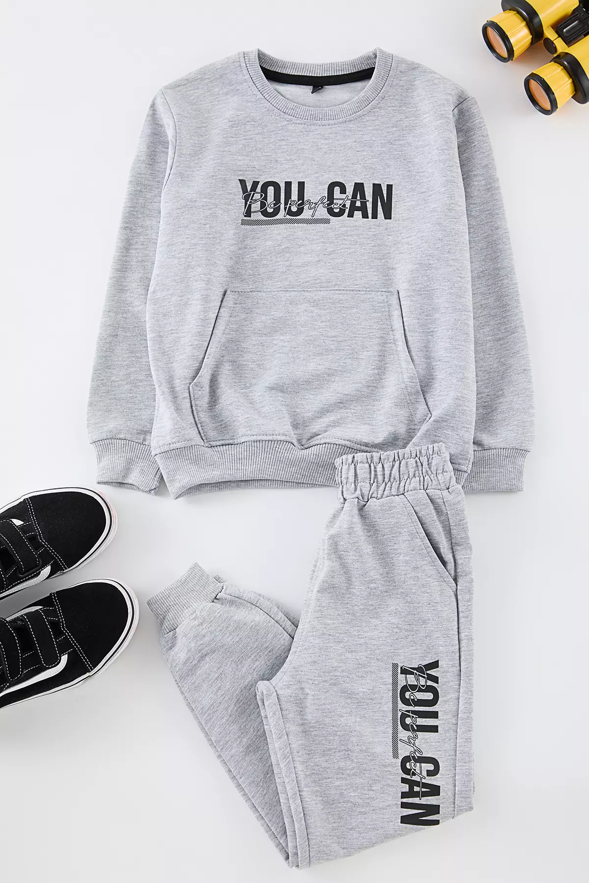 Gray Melange Boy Slogan Knitted Bottom-Top Set Tkdaw25Au00149